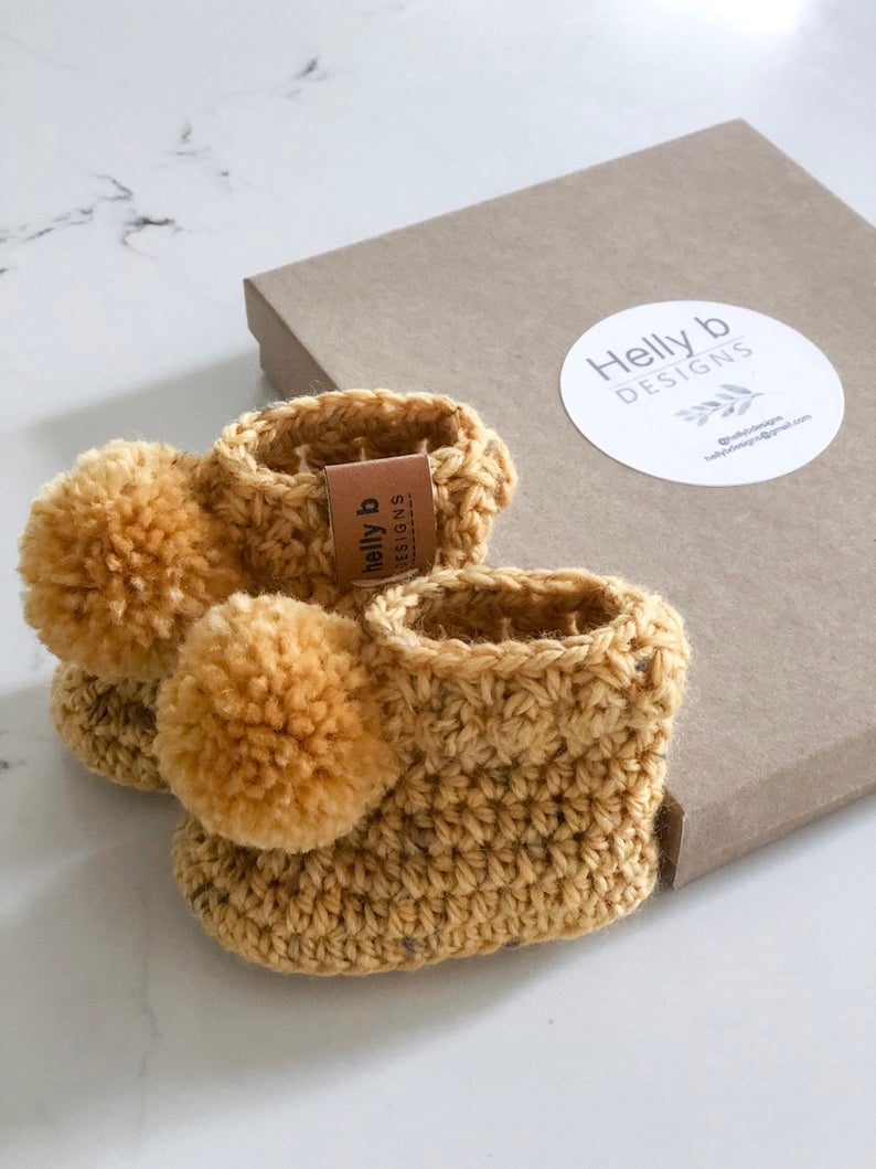 Crochet Merino Wool Pom Pom Booties